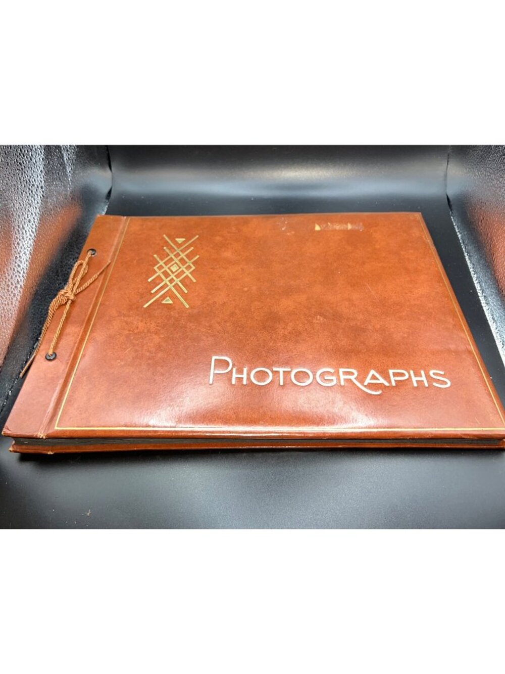 Vintage Brown Leather Photo Album Gold Embossed Geometric Design Rope Binding